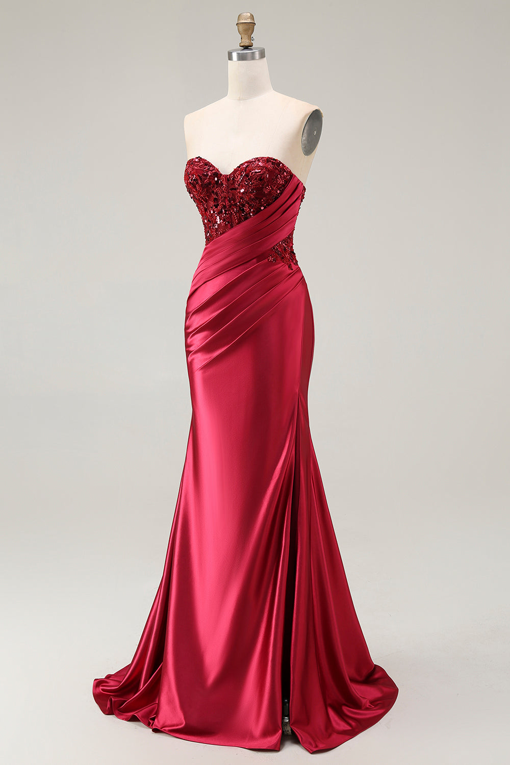Sparkly Red Sweetheart Satin Long Mermaid Prom Dress with Sequins