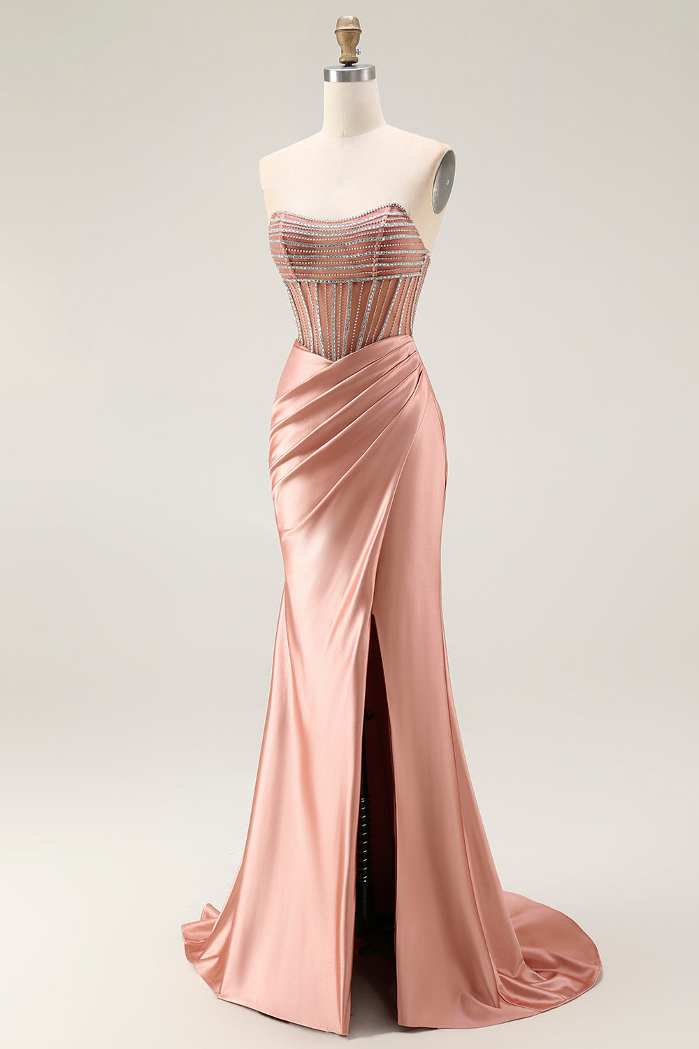 Sparkly Blush Mermaid Strapless Long Corset Prom Dress with Slit