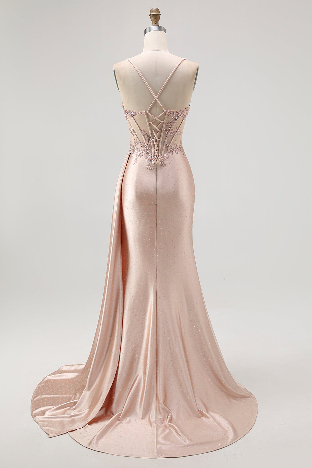 Sparkly Champagne Mermaid Ruched Long Satin Prom Dress with Beading