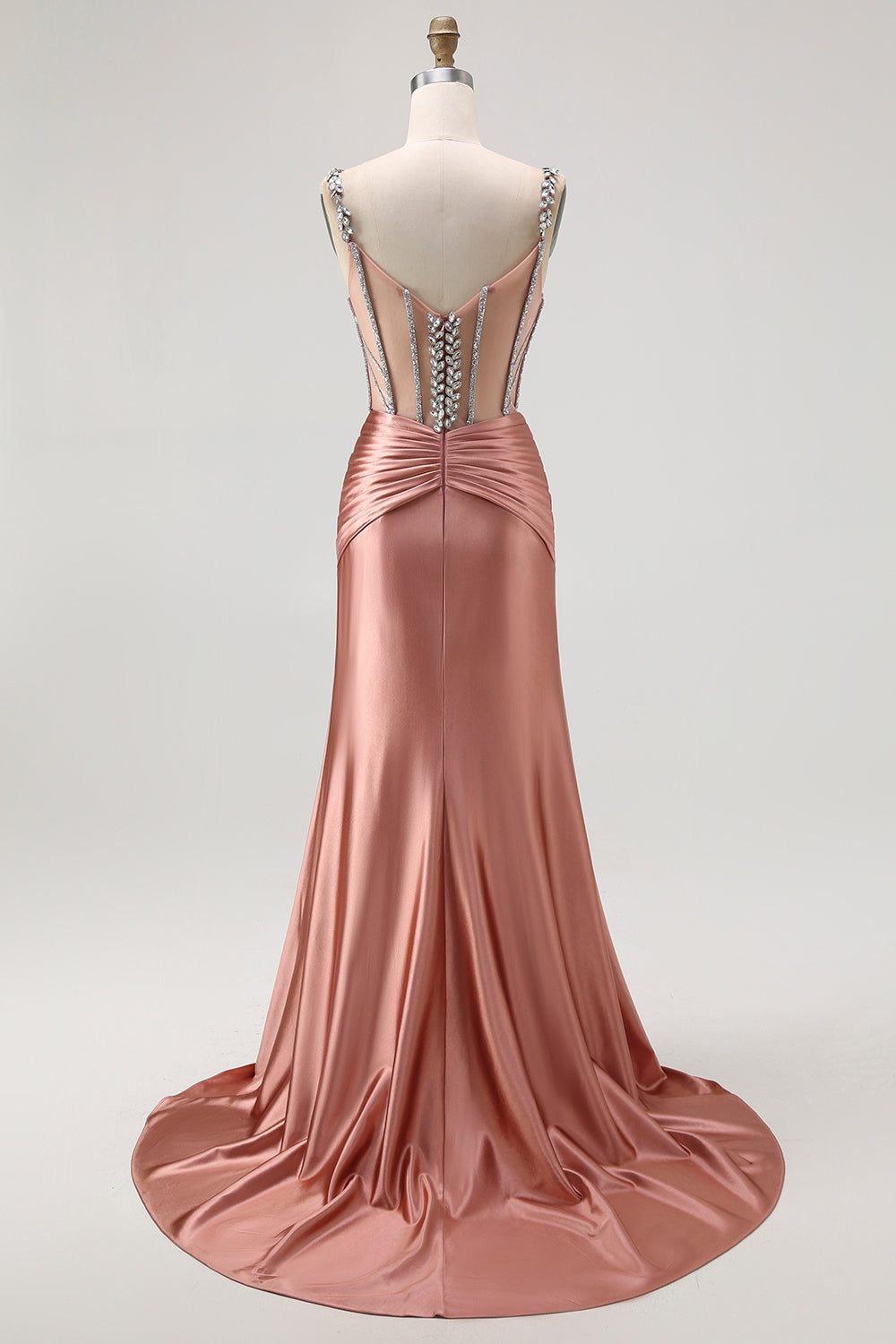Sparkly Blush Mermaid Satin Beaded Long Corset Prom Dress