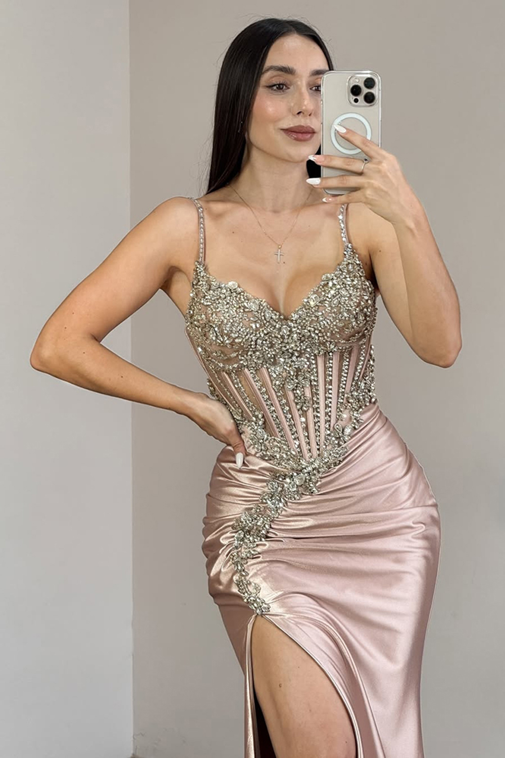 Sparkly Grey Pink Mermaid Corset Satin Long Prom Dress with Slit