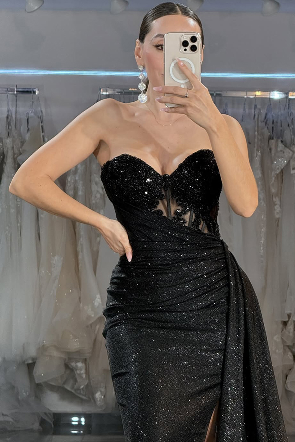 Sparkly Black Corset Mermaid Sweetheart Long Prom Dress with Beading