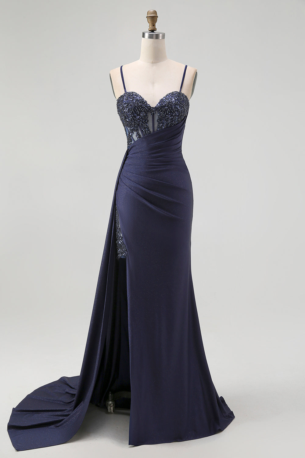 Sparkly Navy Mermaid Spaghetti Straps Long Corset Prom Dress with Beading