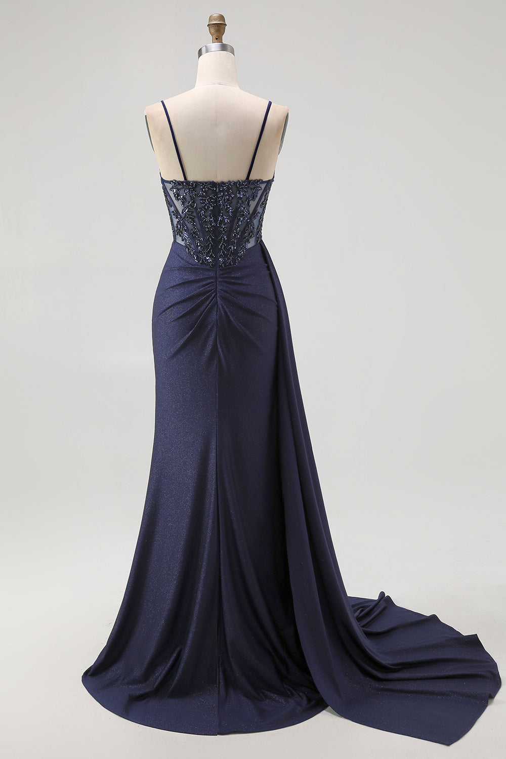 Sparkly Navy Mermaid Spaghetti Straps Long Corset Prom Dress with Beading