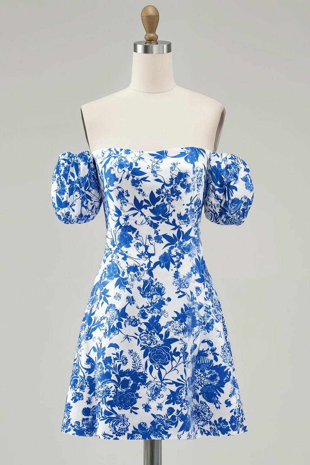 Floral Blue Off the Shoulder Short Chiffon Homecoming Dress with Sleeves