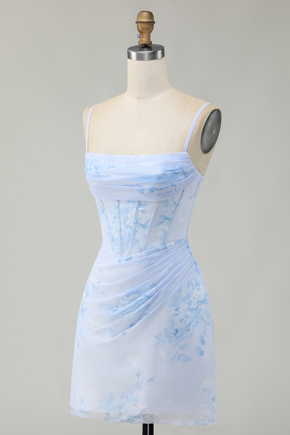 Floral Light Blue Ruched Tight Short Corset Homecoming Dress