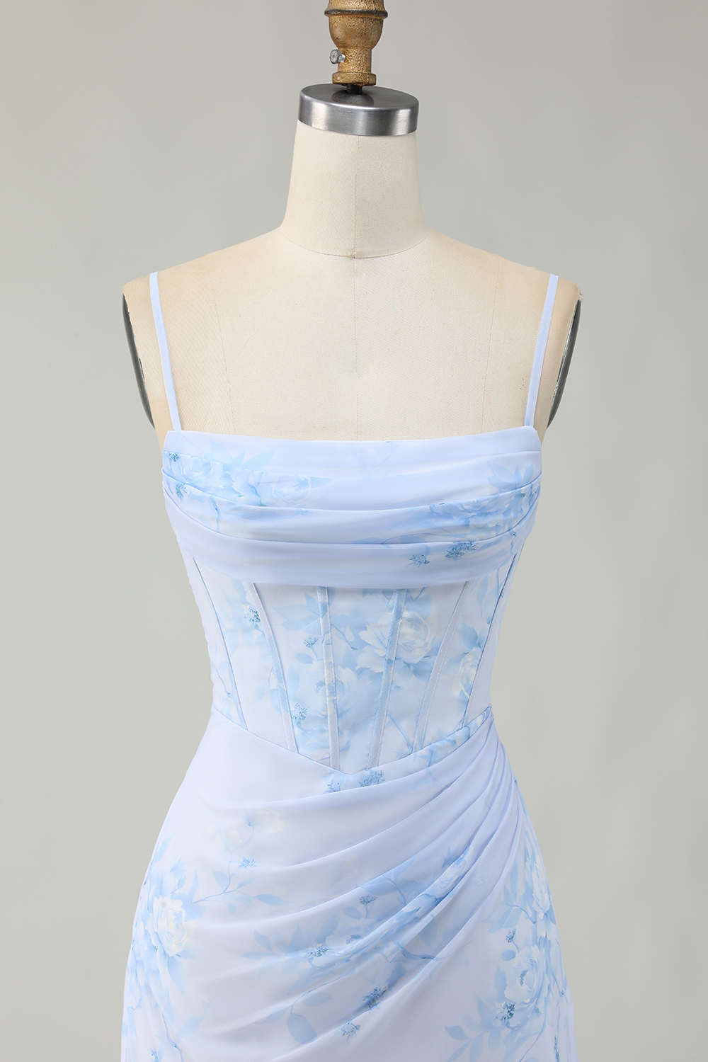 Floral Light Blue Ruched Tight Short Corset Homecoming Dress