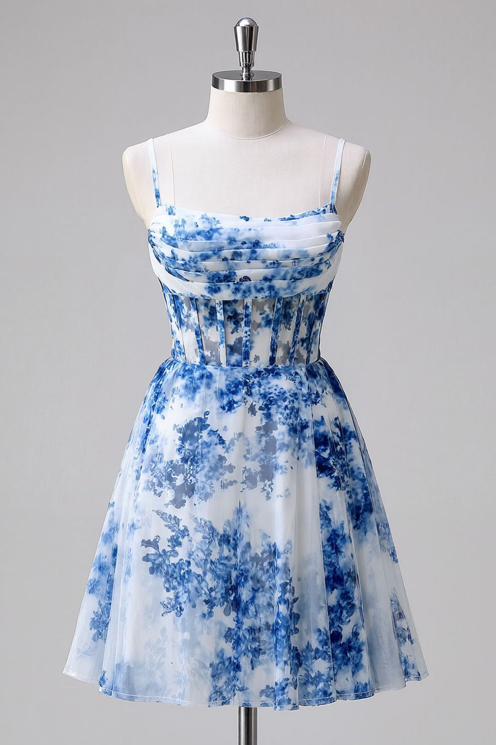 Floral Blue Ruched A Line Spaghetti Straps Short Corset Homecoming Dress