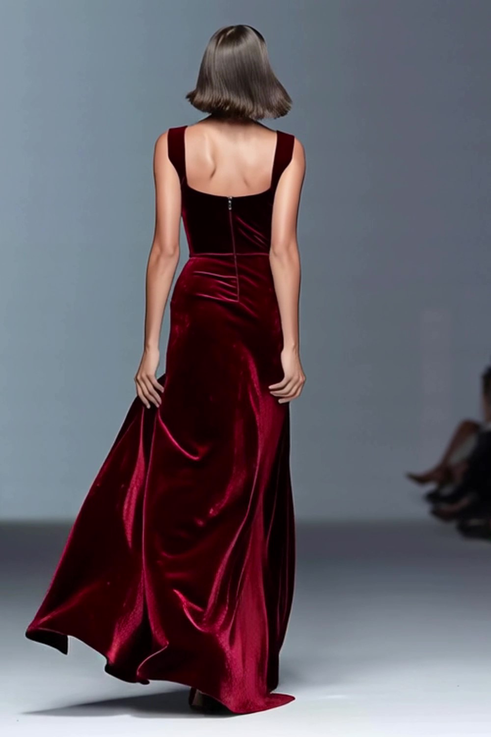 Maxi Burgundy Velvet Ruched Sheath Holiday Party Dress with Slit