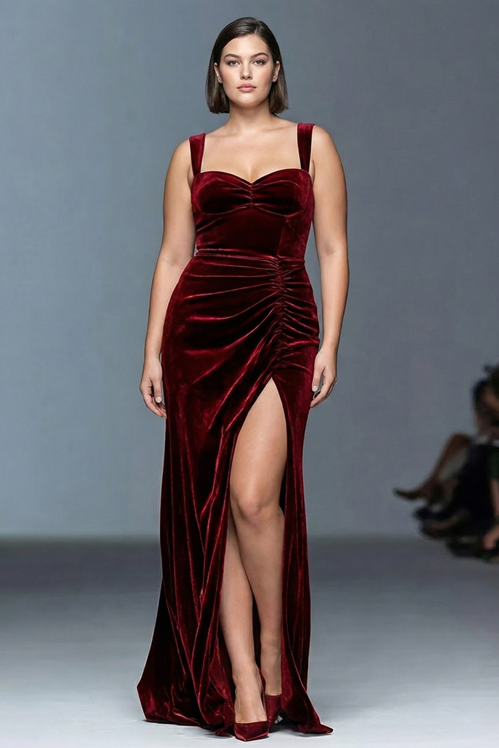 Burgundy Velvet Sheath Ruched Long Holiday Party Dress with Slit