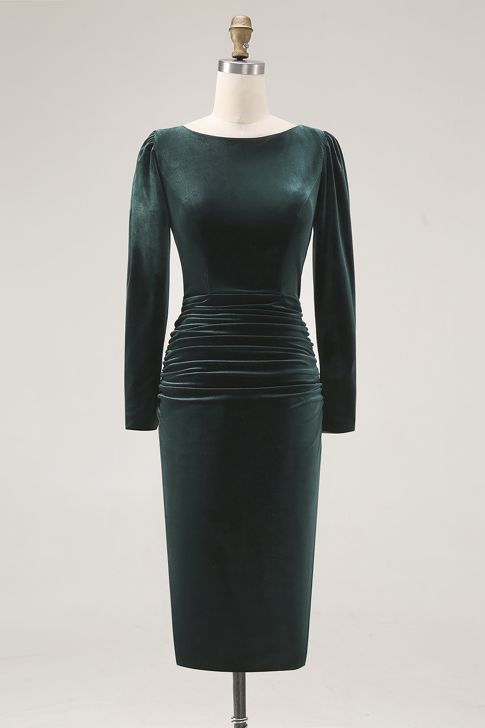 Dark Green Velvet Bodycon Midi Holiday Party Dress with Sleeves