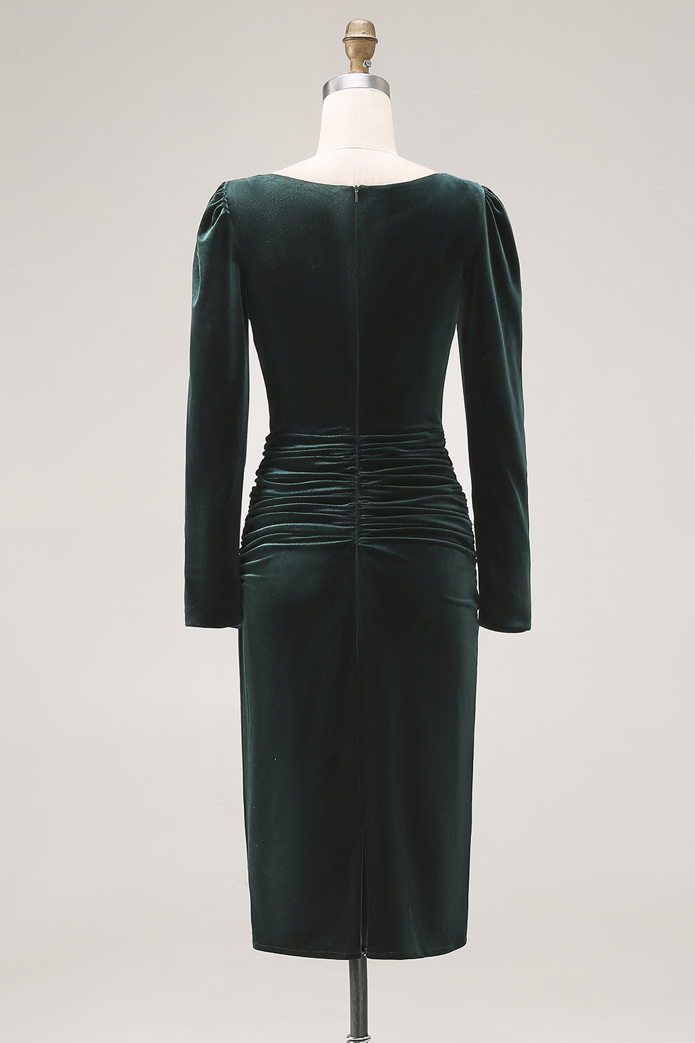 Dark Green Velvet Bodycon Midi Holiday Party Dress with Sleeves