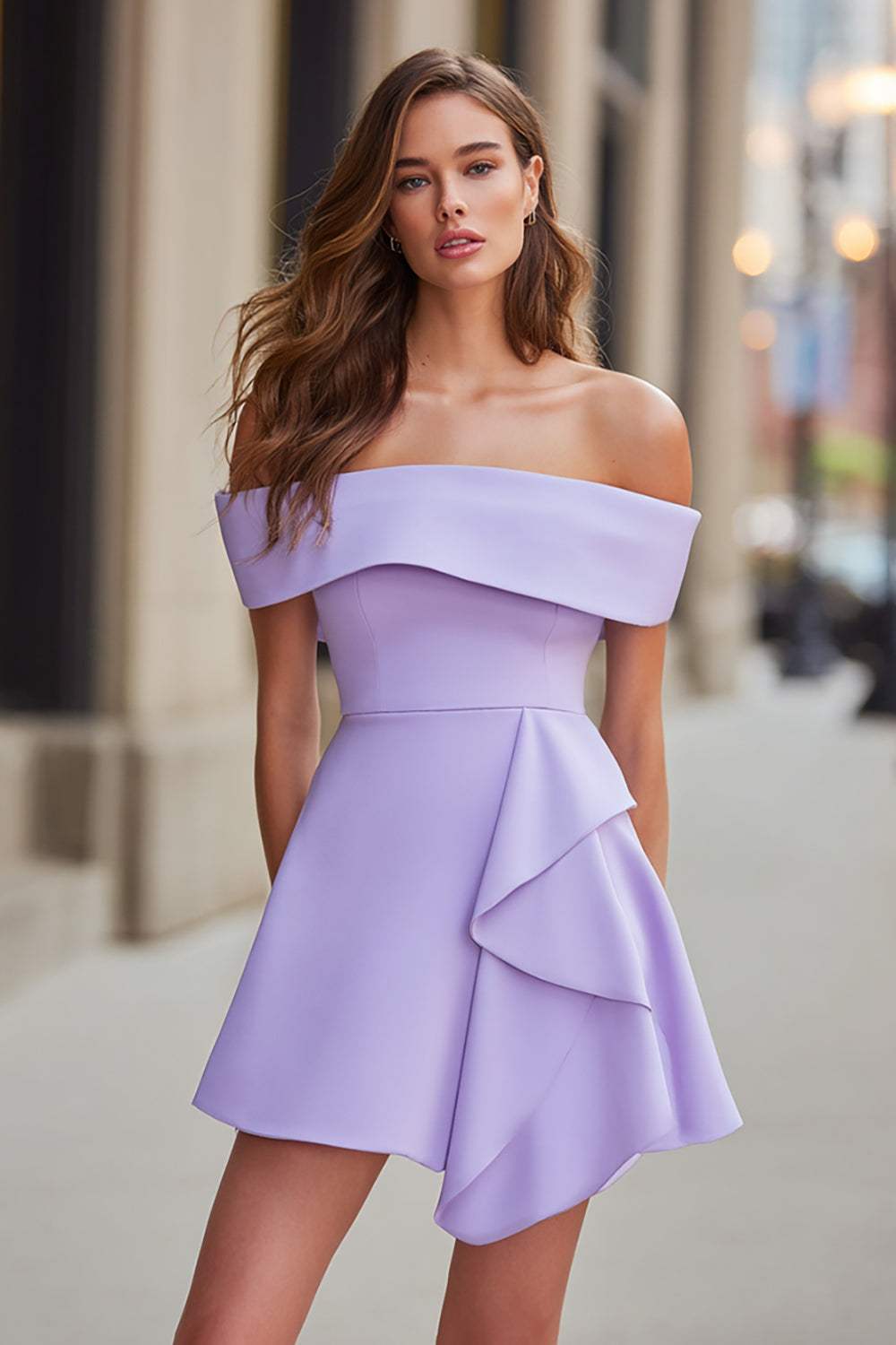 Lilac A Line Off the Shoulder Short Satin Cocktail Dress with Ruffles