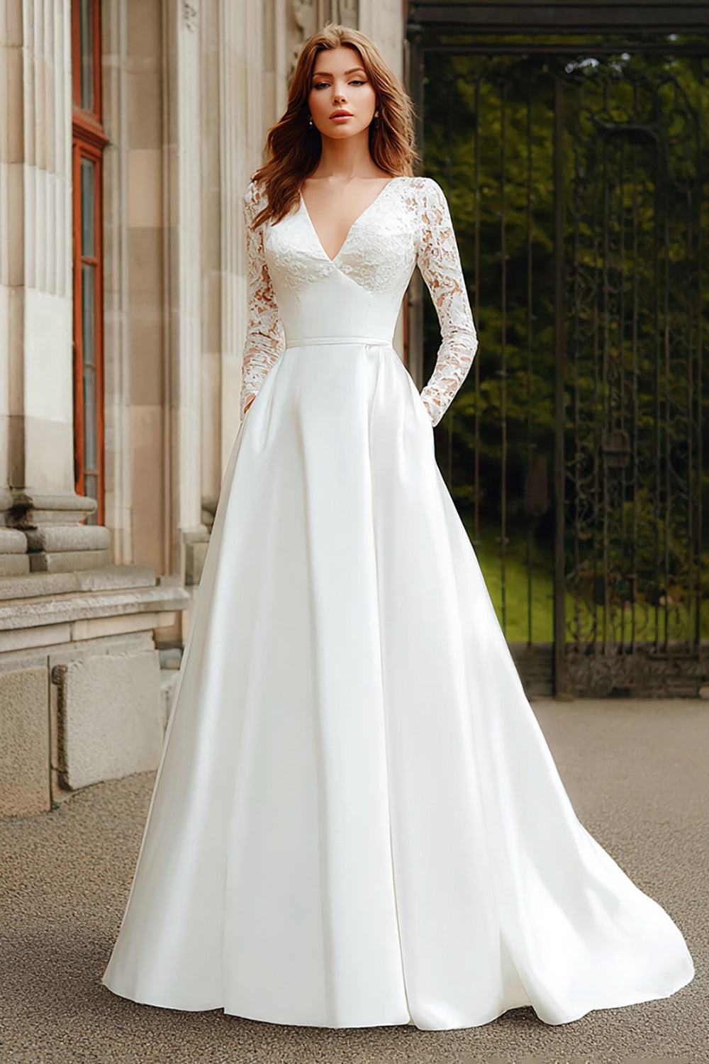 Ivory V-Neck Ball Gown Sweep Train Wedding Dress with Lace