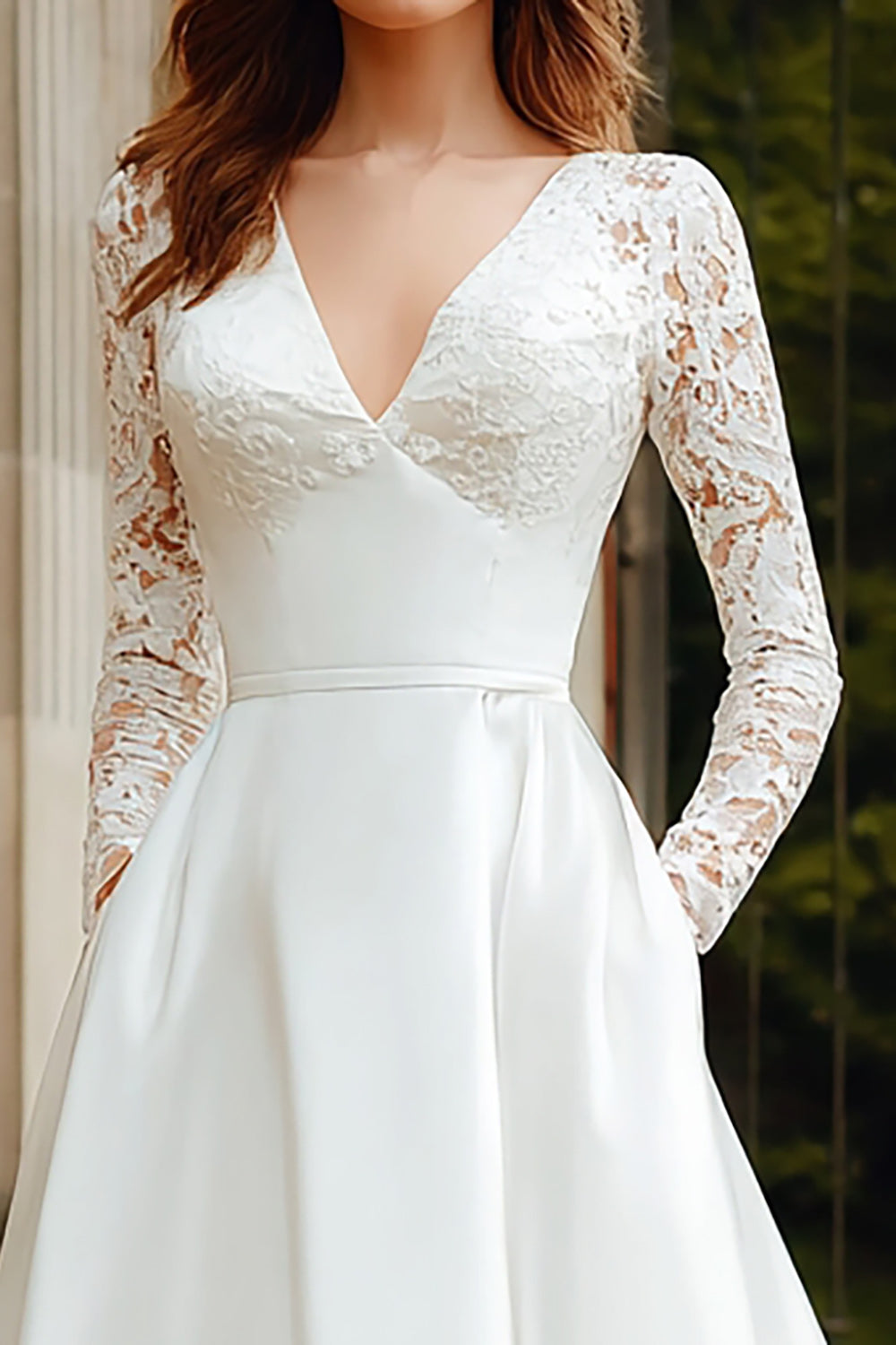 Ivory V-Neck Ball Gown Sweep Train Wedding Dress with Lace