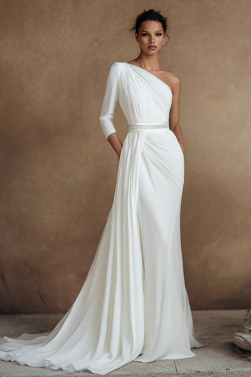 Ivory One Shoulder Sweep Train Reheardal Dinner Dress with Sleeves
