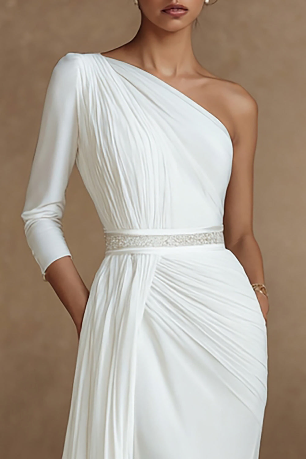 Ivory One Shoulder Sweep Train Reheardal Dinner Dress with Sleeves