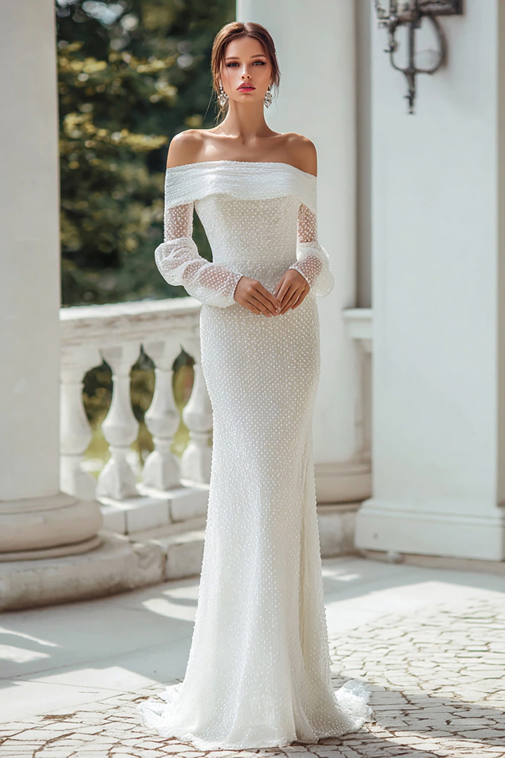 Ivory Off the Shoulder Mermaid Long Sleeves Sweep Train Wedding Dress