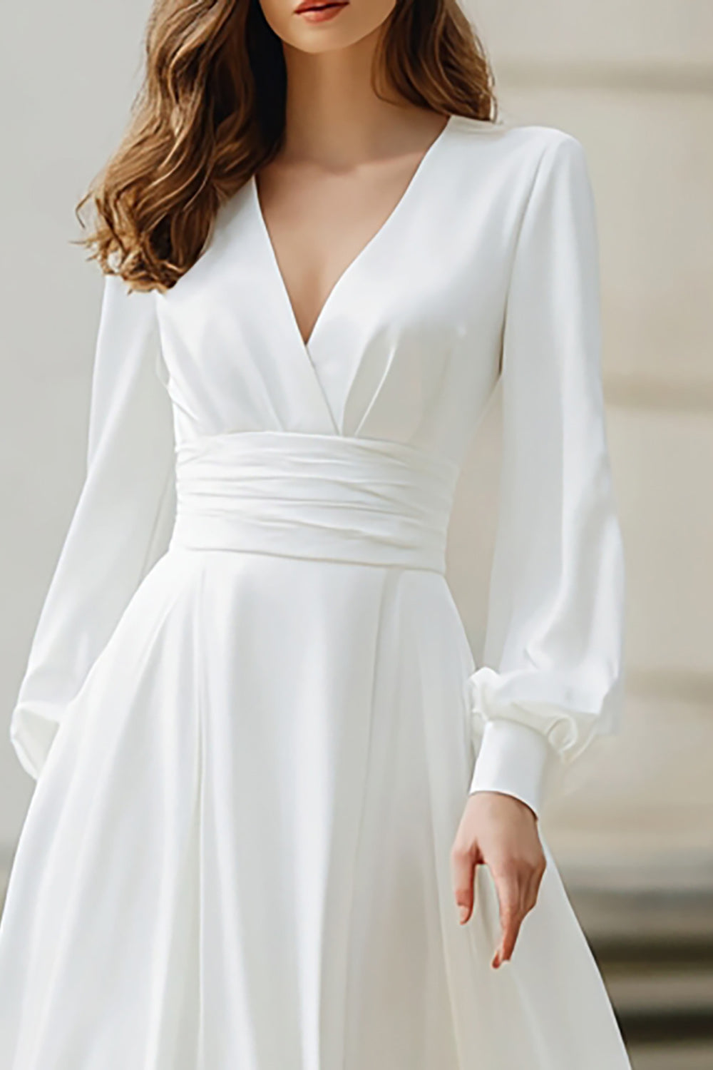 Simple Ivory A Line V-Neck Long Wedding Dress with Sleeves