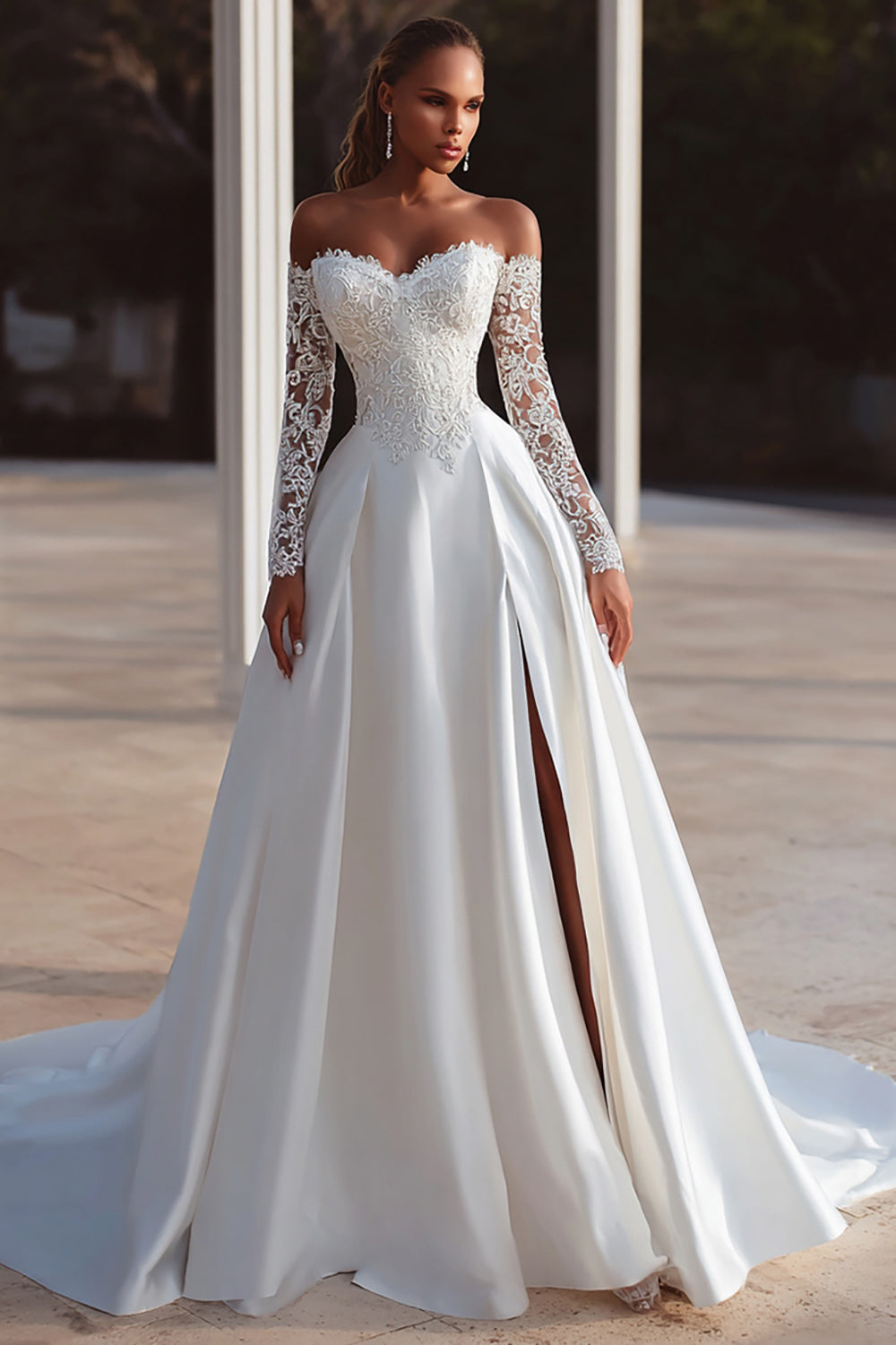 Ivory Off the Shoulder Long Sleeves Wedding Dress with Lace