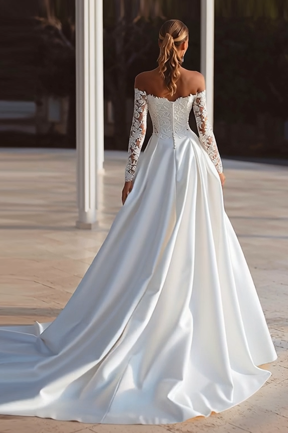 Ivory Off the Shoulder Long Sleeves Wedding Dress with Lace