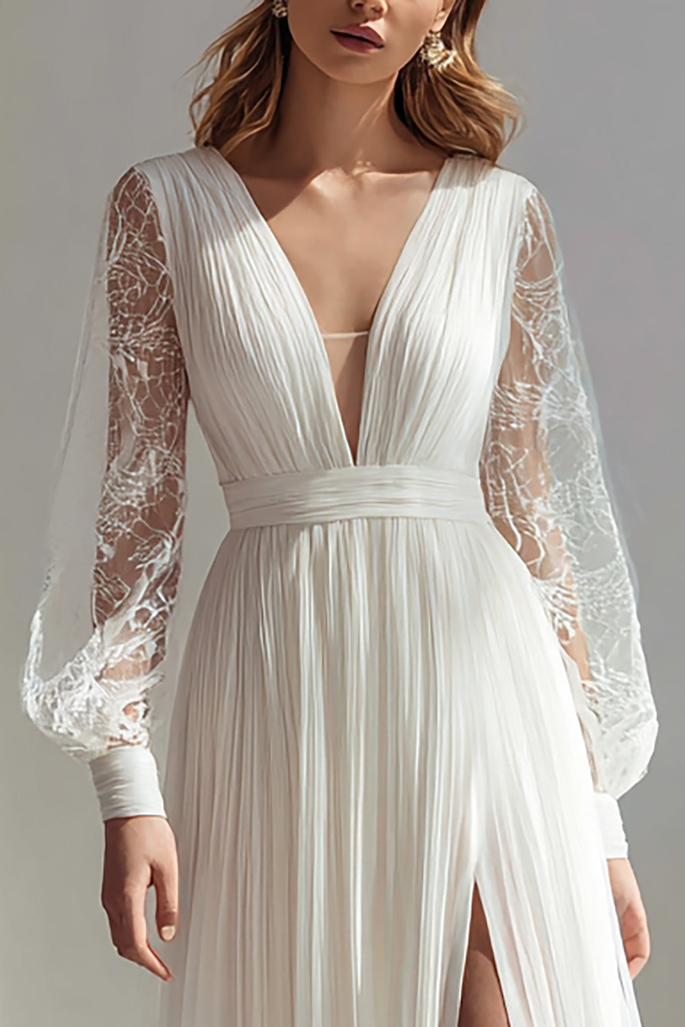 Ivory A Line Pleated V Neck Sweep Train Wedding Dress with Slit