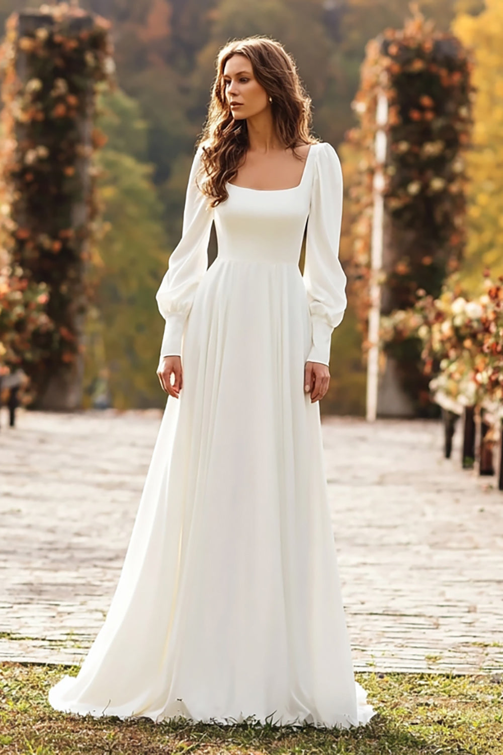 Simple Ivory Square Neck A Line Sweep Train Wedding Dress with Sleeves