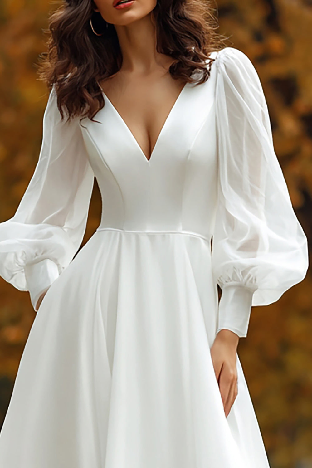 Ivory V-Neck A Line Sweep Train Wedding Dress with Sleeves