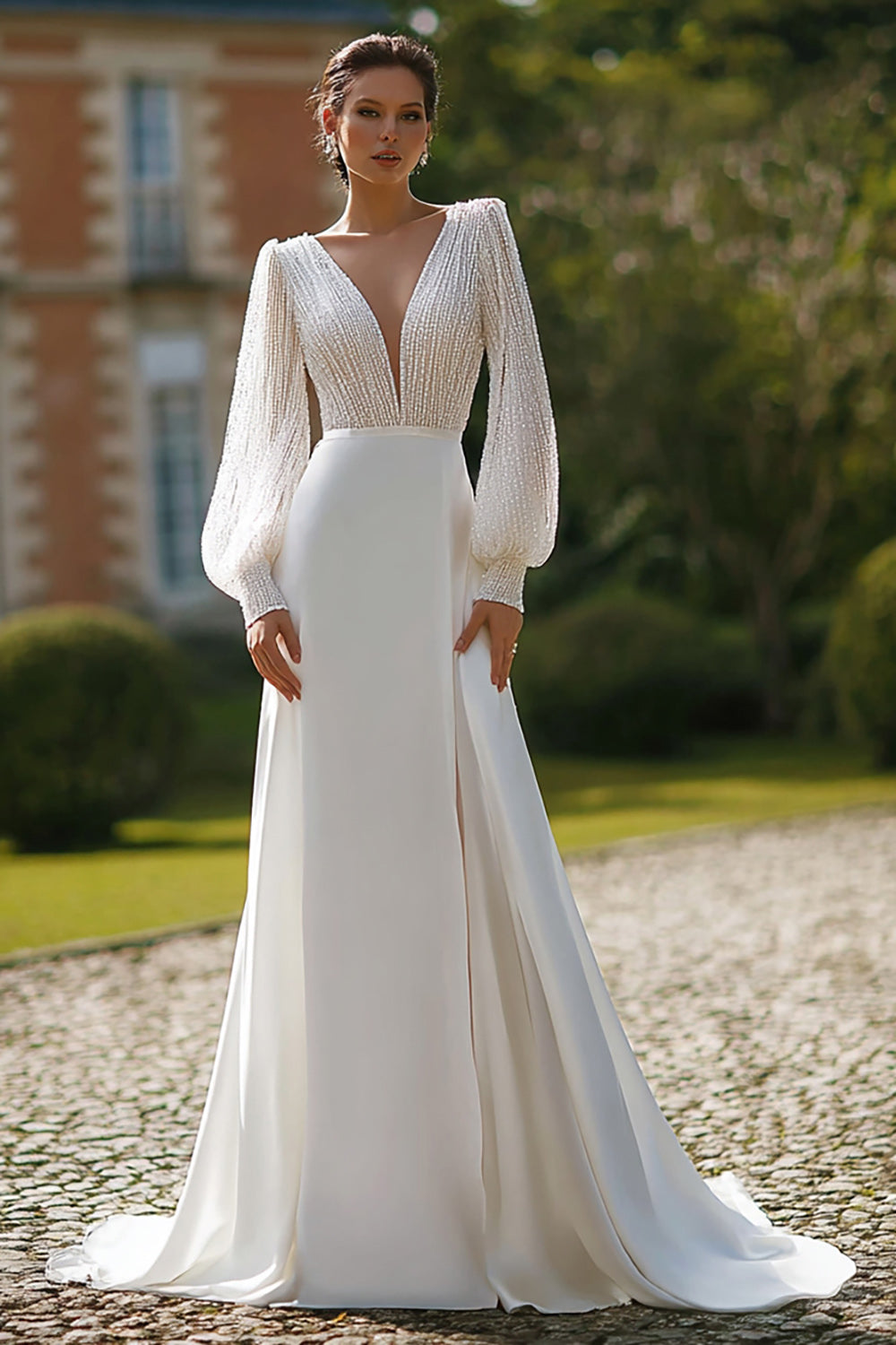 Sparkly Ivory Deep V Neck Sweep Train Wedding Dress with Sleeves