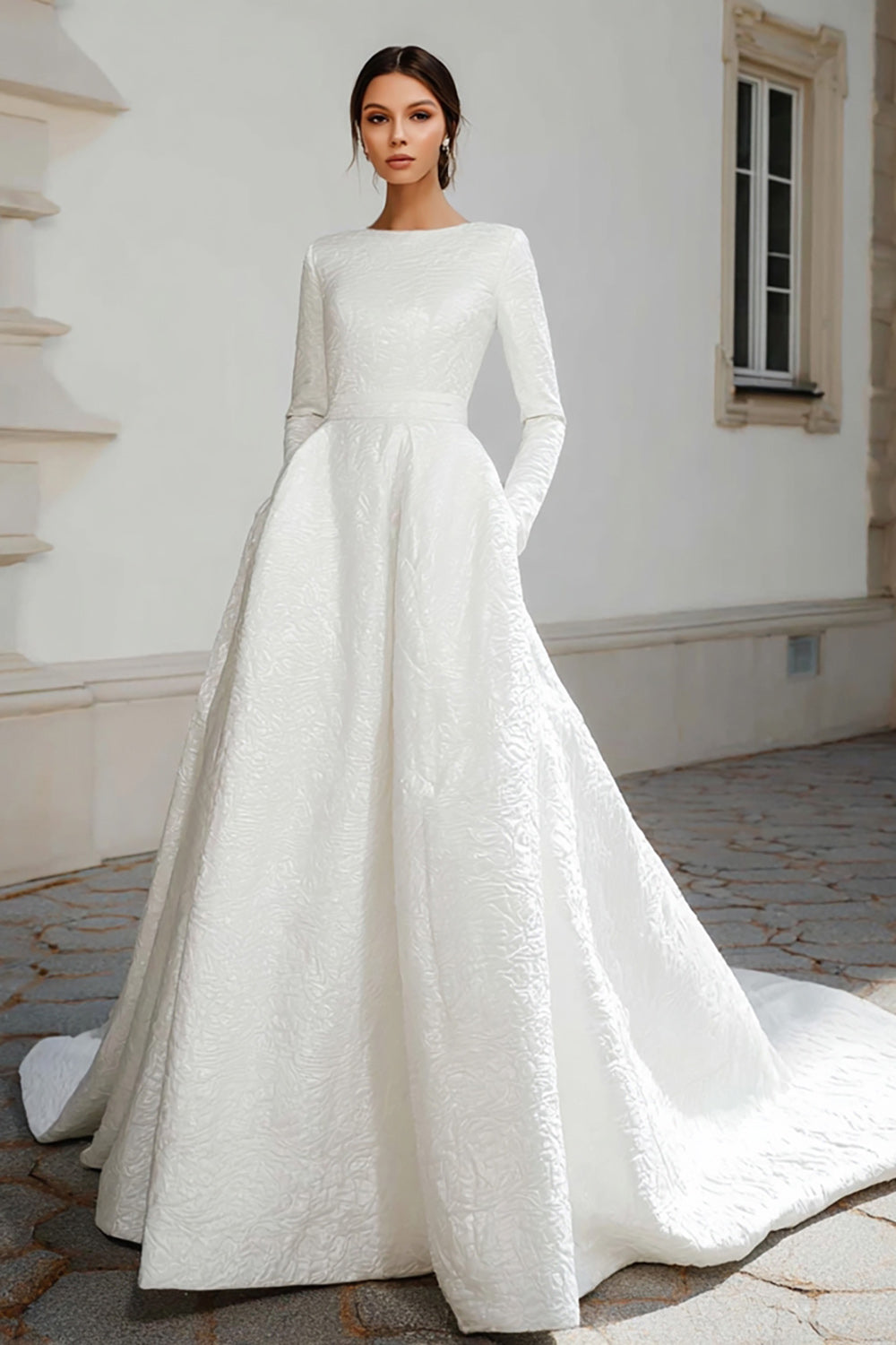 Ivory Ball Gown Jacquard Sweep Train Wedding Dress with Sleeves