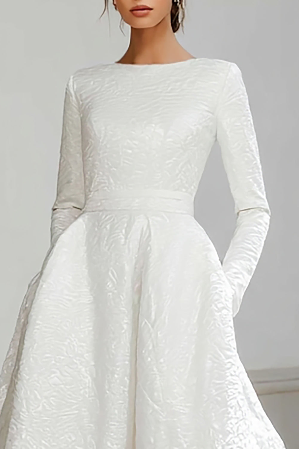 Ivory Ball Gown Jacquard Sweep Train Wedding Dress with Sleeves