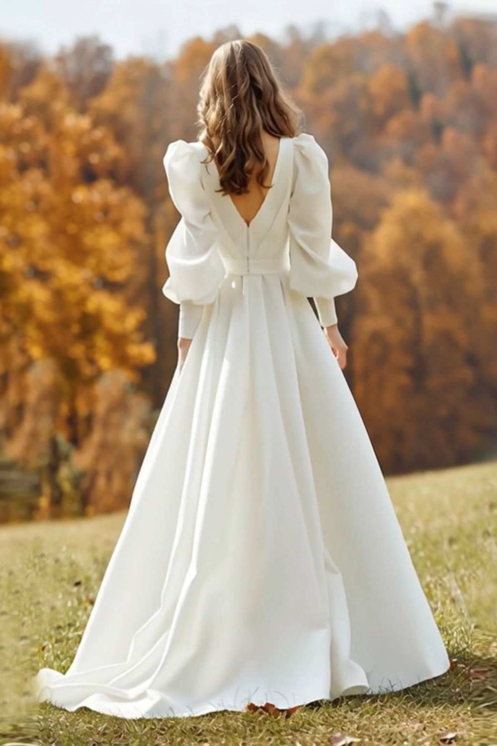 Ivory V-Neck Ruched Ball Gown Sweep Train Wedding Dress with Sleeves