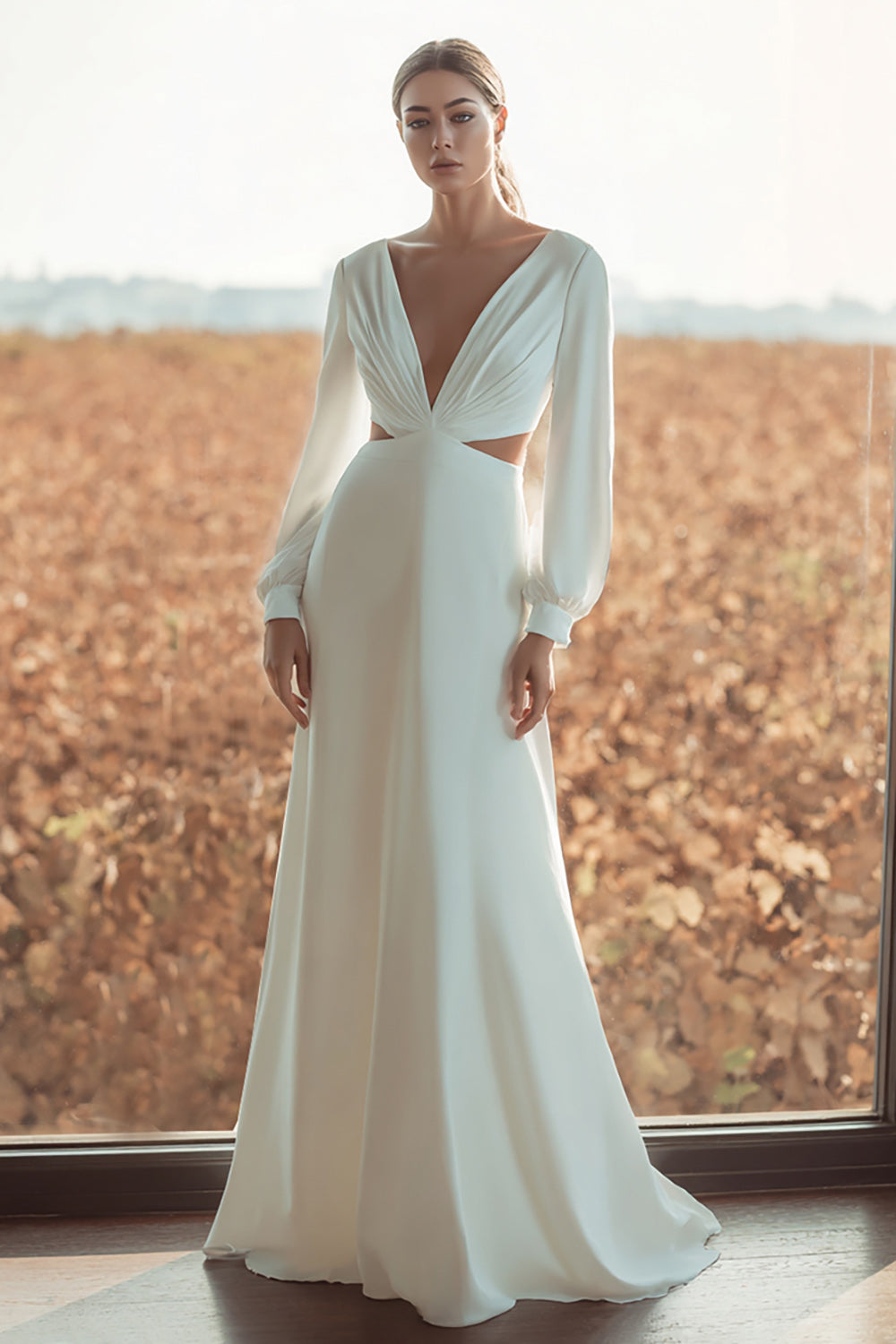 Ivory V-Neck Sheath Cut Out Sweep Train Wedding Dress with Sleeves