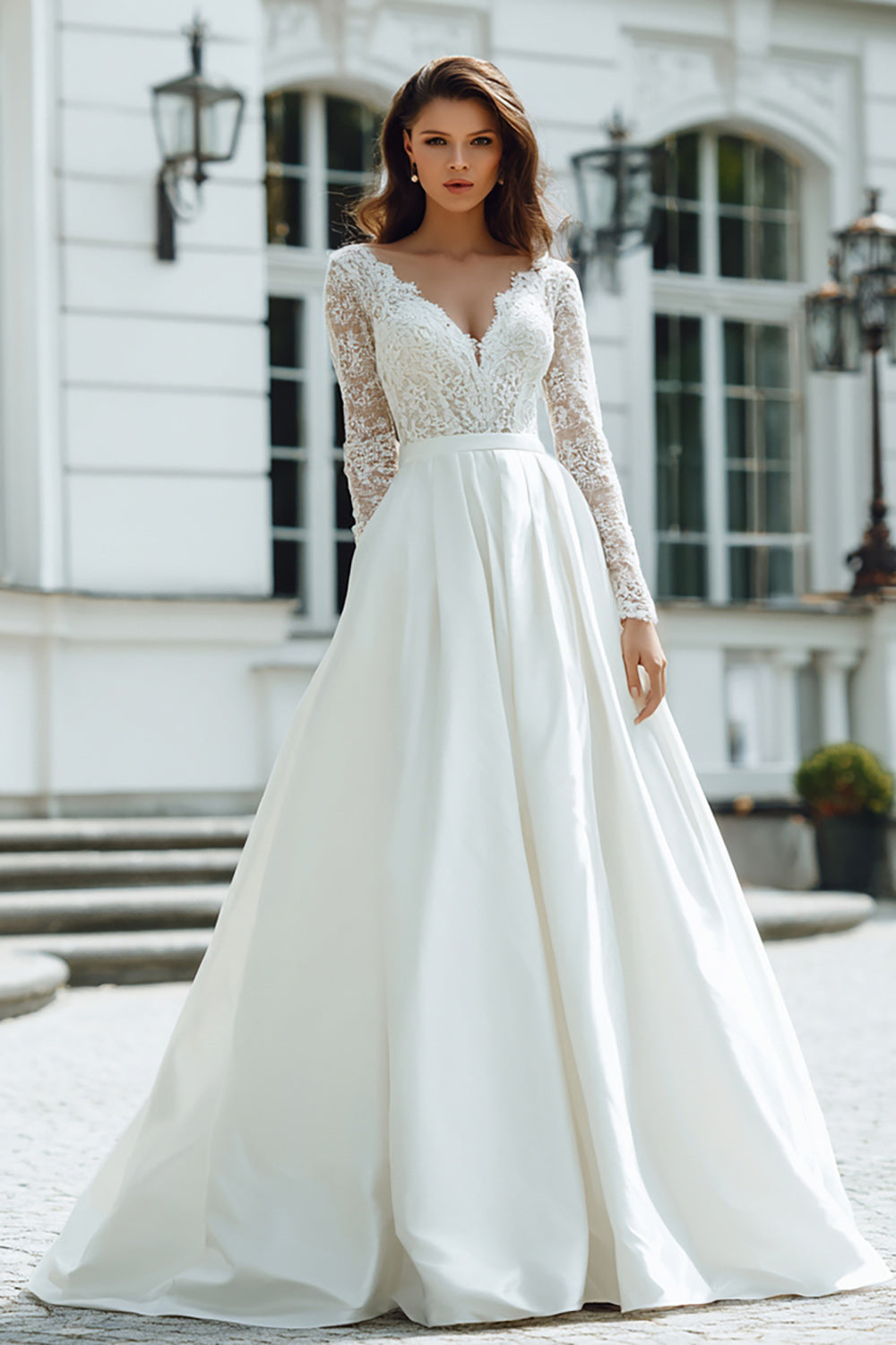 Ivory V-Neck Ball Gown Floor-Length Wedding Dress with Lace