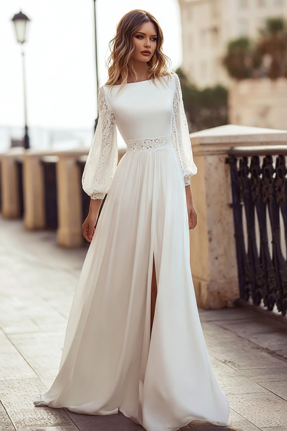 Ivory Bateau Neck A Line Long Sleeves Wedding Dress with Lace