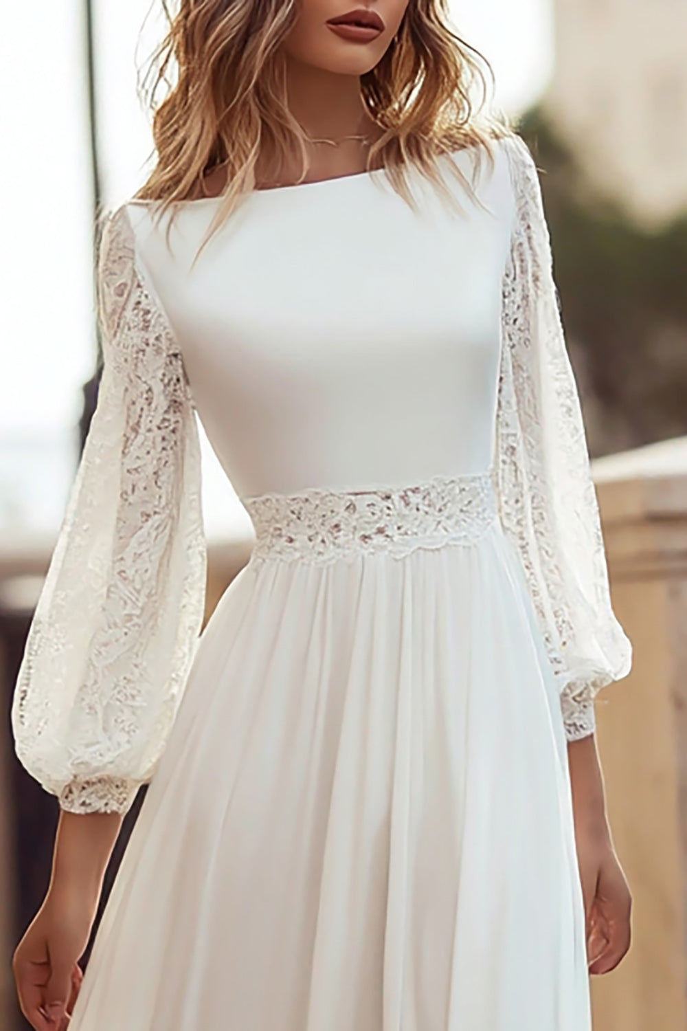 Ivory Bateau Neck A Line Long Sleeves Wedding Dress with Lace