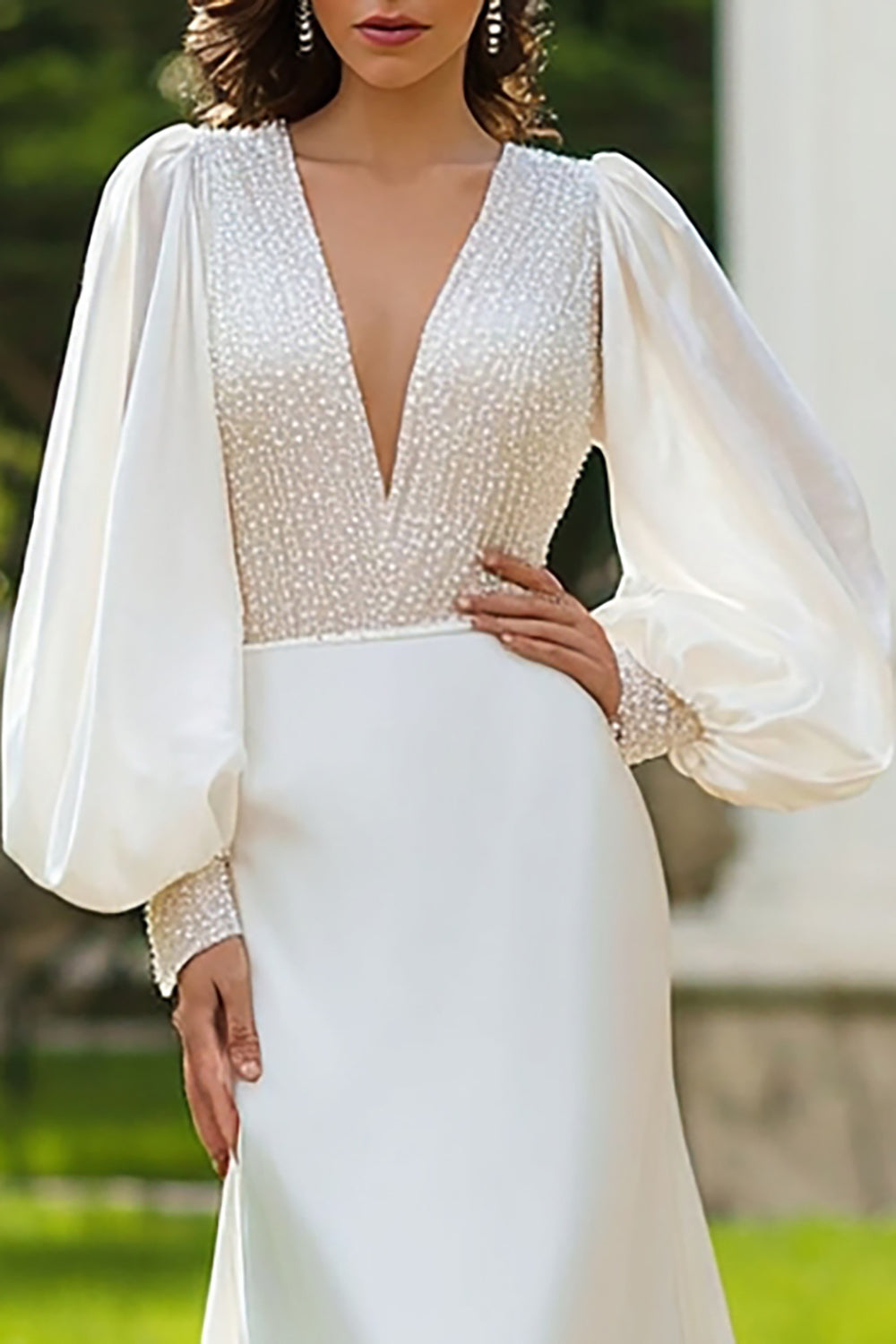 Sparkly Ivory Sheath Deep V-Neck Sweep Train Wedding Dress with Sleeves