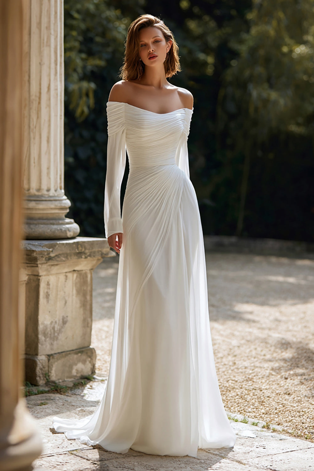 Ivory Off The Shoulder Sheath Sweep Train Wedding Dress with Sleeves