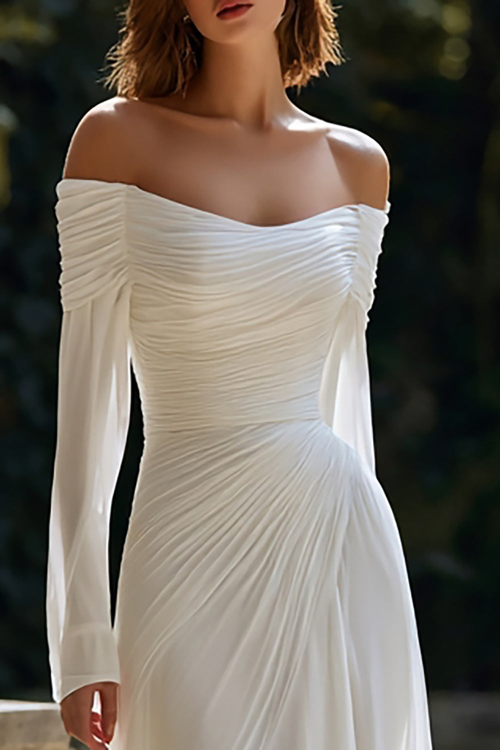 Ivory Off The Shoulder Sheath Sweep Train Wedding Dress with Sleeves