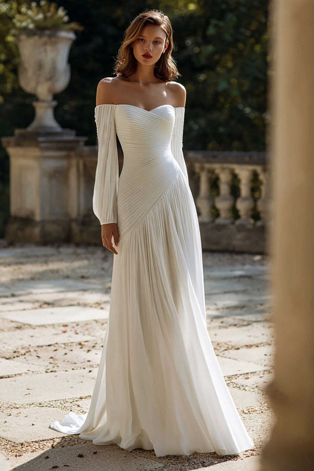 Ivory Chiffon Pleated Off the Shoulder Wedding Reception Dress with Sleeves
