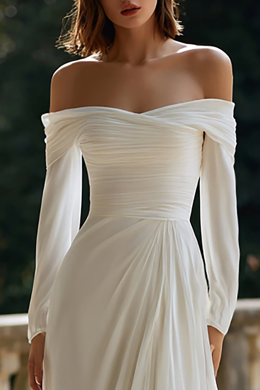 Ivory Sheath Off the Shoulder Sweep Train Wedding Reception Dress with Sleeves