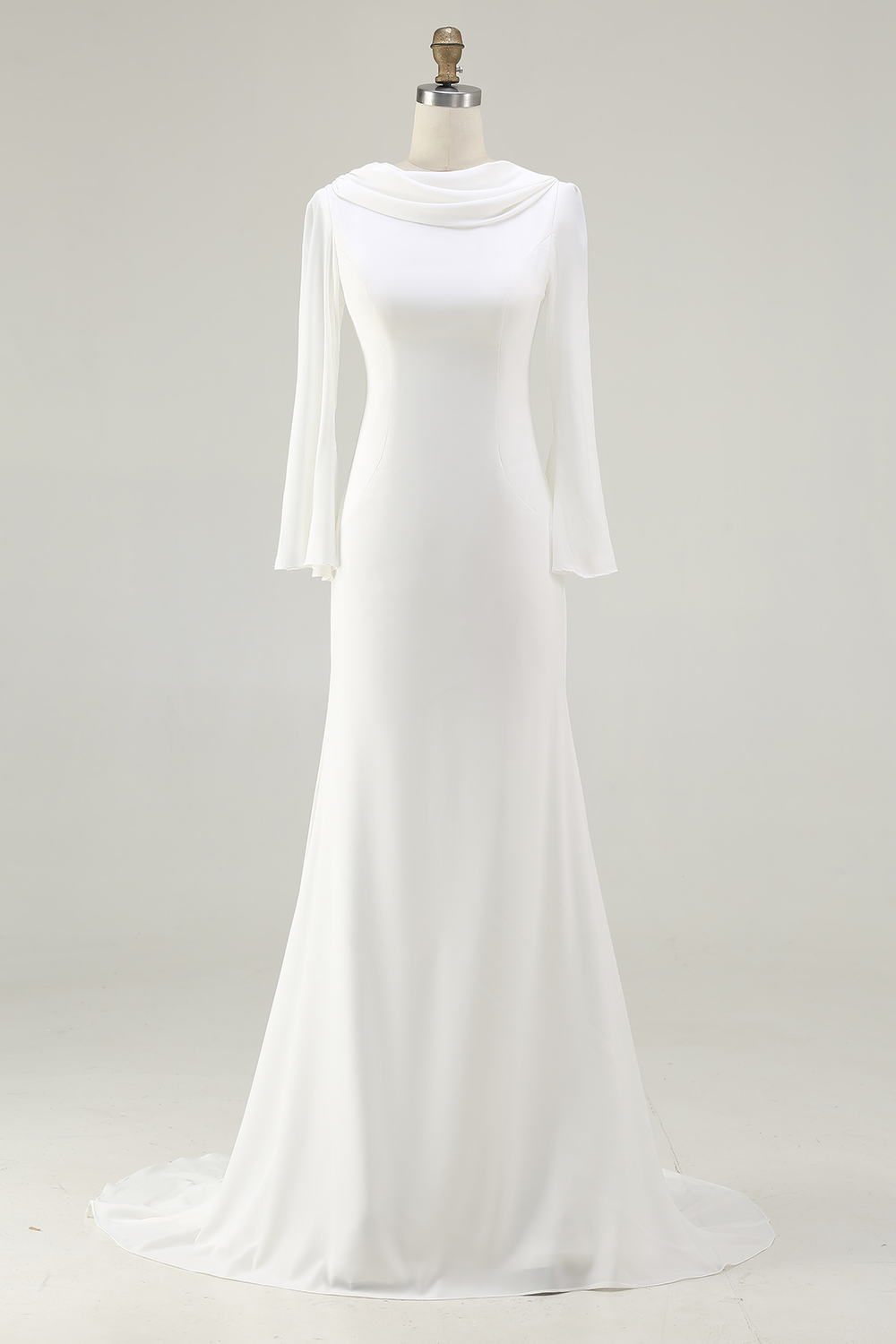 Ivory Mermaid Chiffon Cowl Neck Sweep Train Vintage Wedding Dress