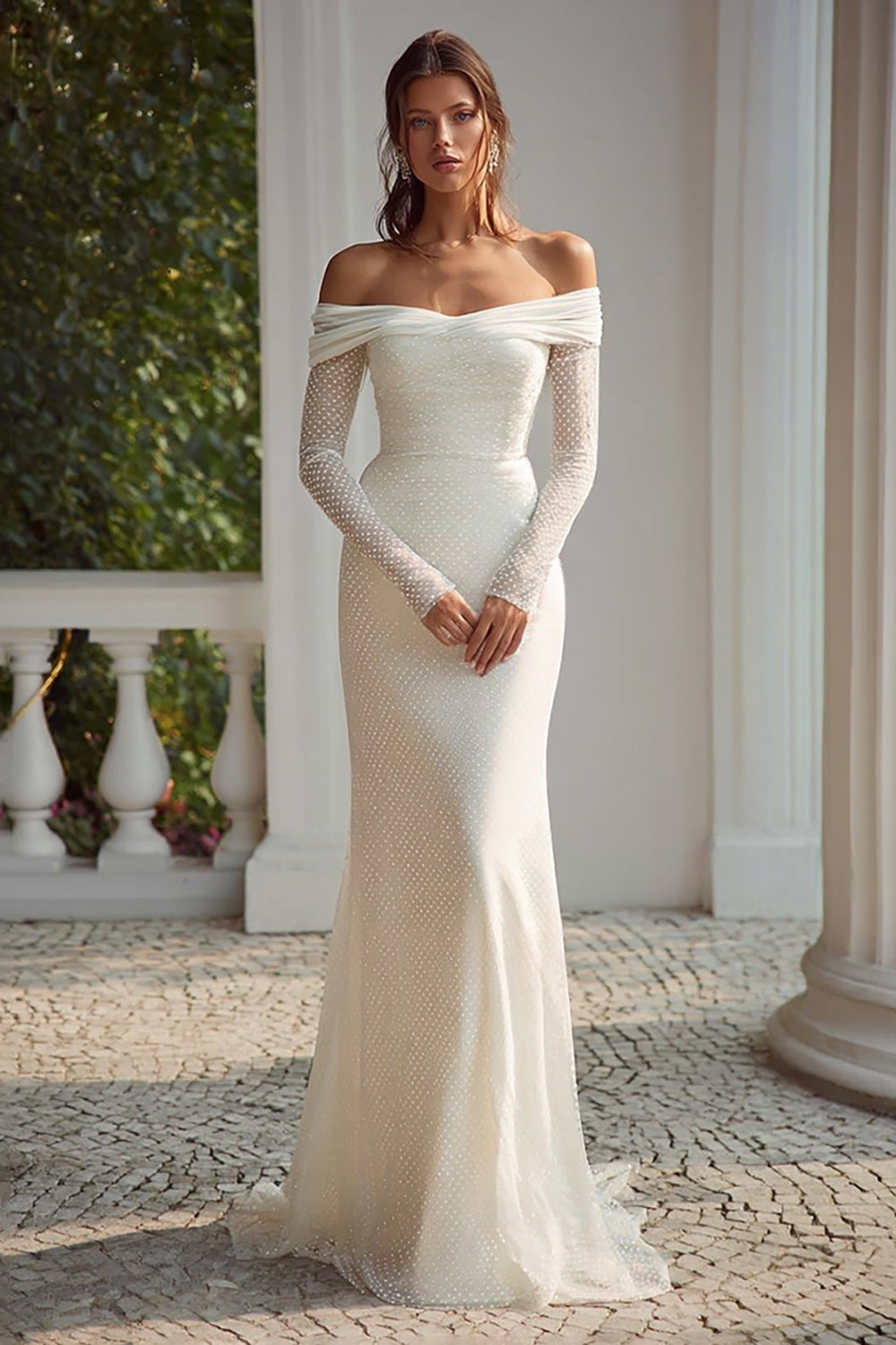 Elegant Ivory Off the Shoulder Long Wedding Dress with Sleeves