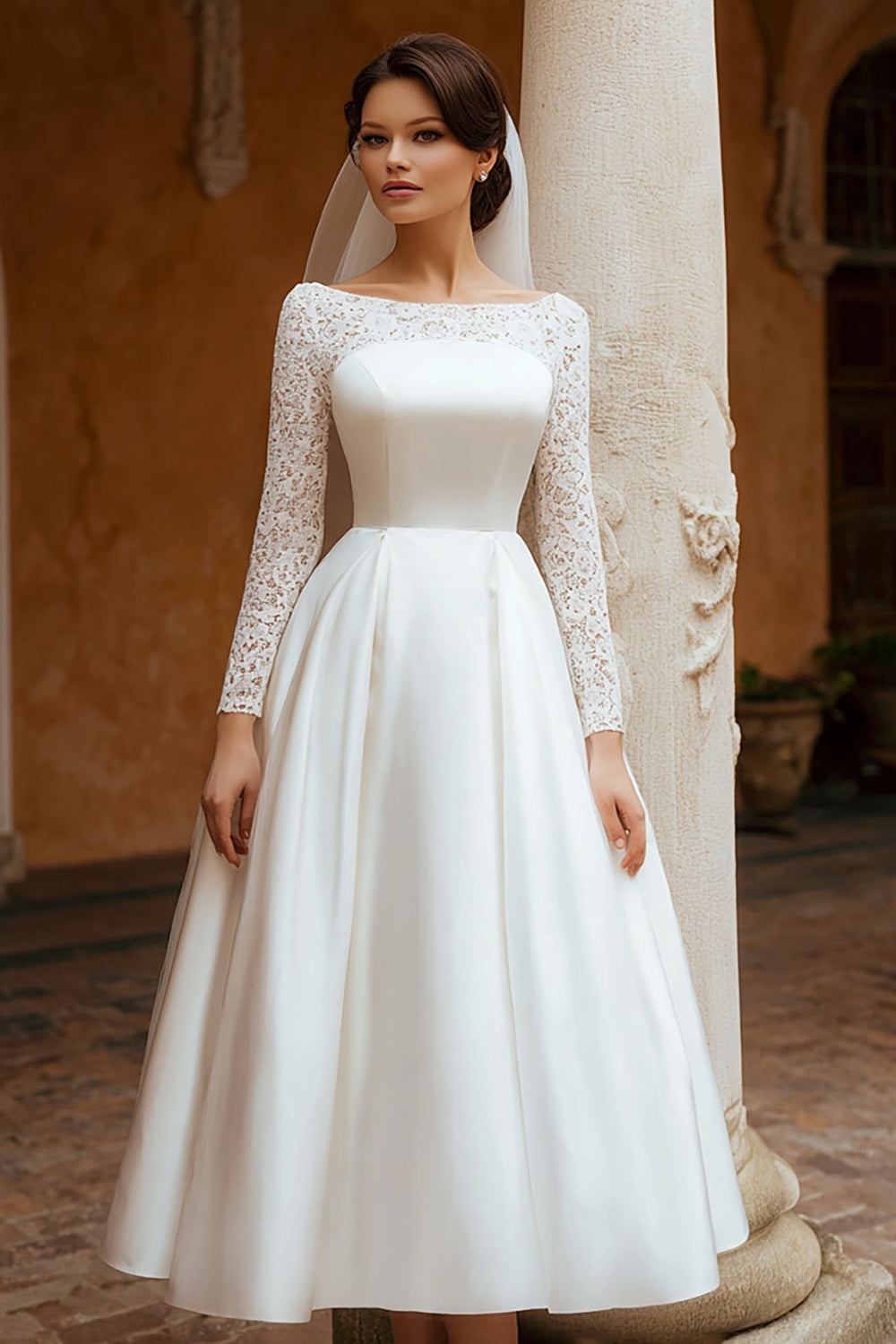 Ivory Satin A Line Boat Neck Long Wedding Dress with Lace