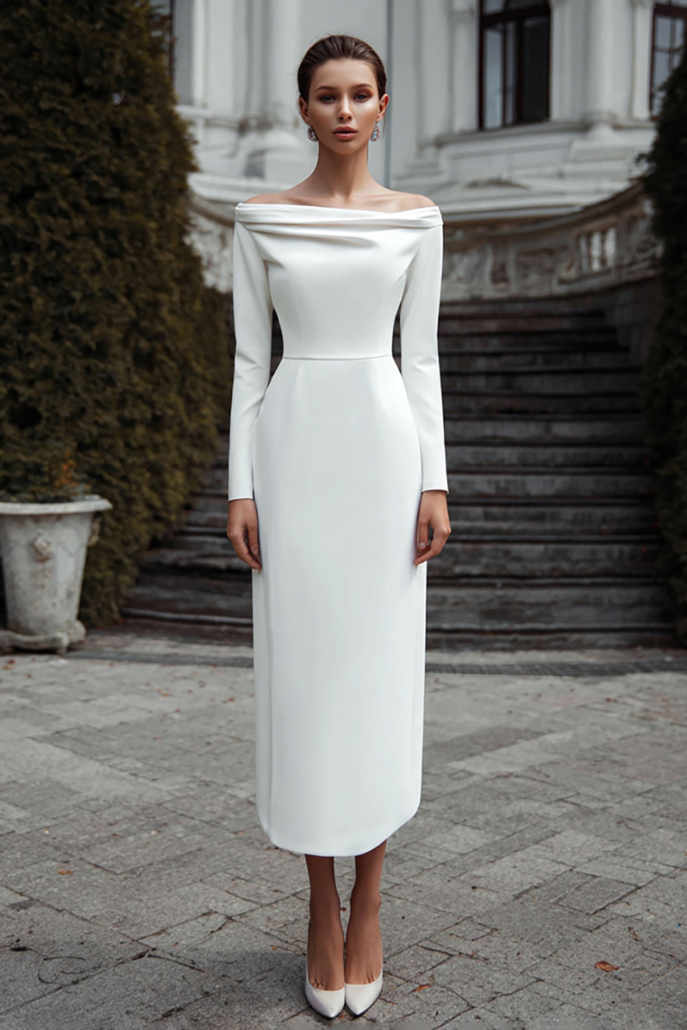 Ivory Sheath Satin Off the Shoulder Long Rehearsal Dinner Dress