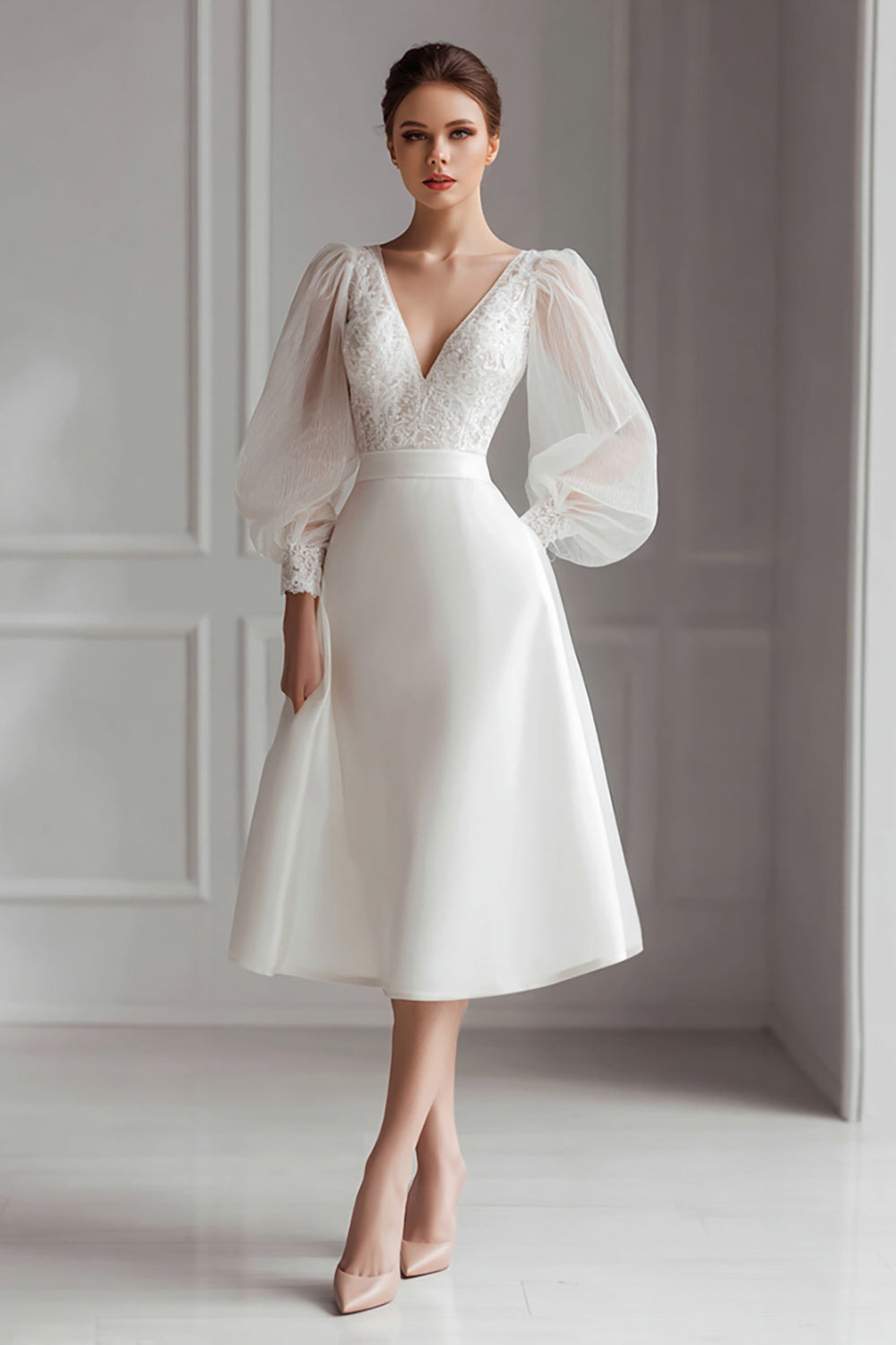 Ivory V-Neck A Line Midi Rehearsal Dinner Dress with Lace