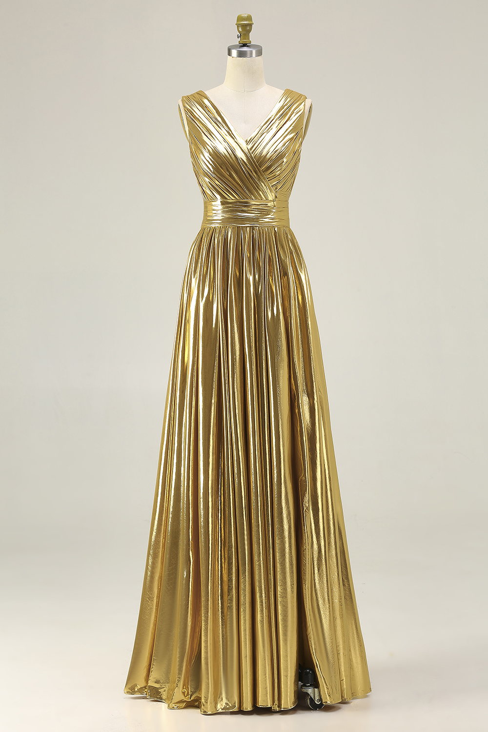 Metallic Gold Ruched V-Neck A-Line Long Formal Dress with Slit