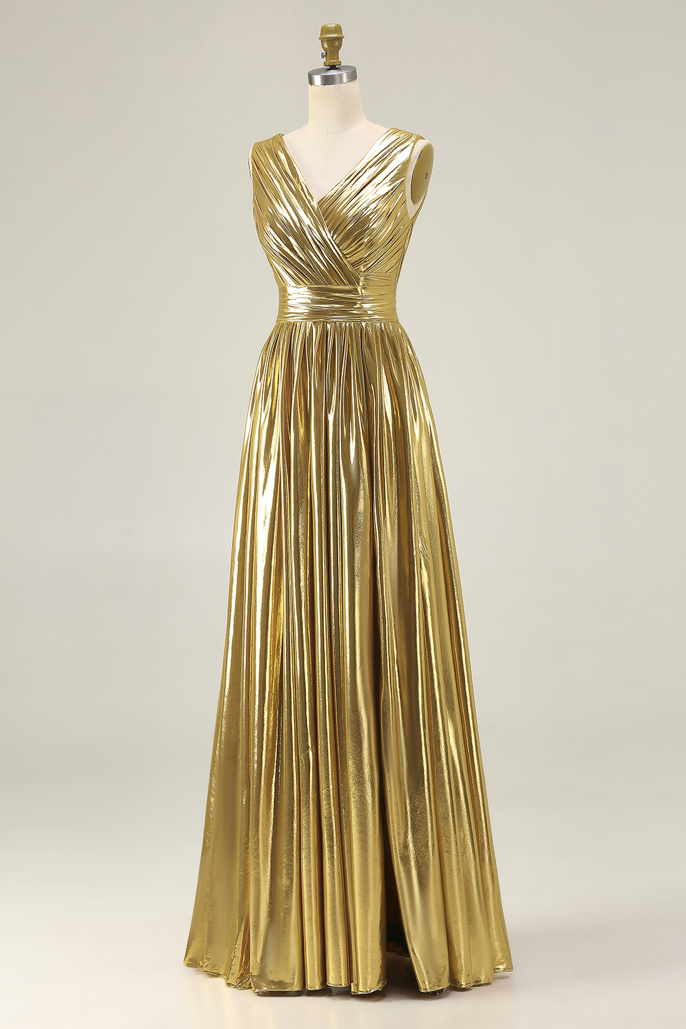 Metallic Gold Ruched V-Neck A-Line Long Formal Dress with Slit