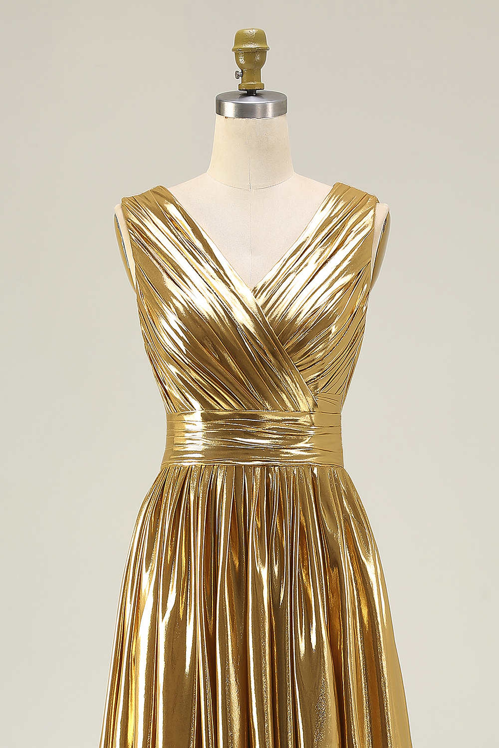 Metallic Gold Ruched V-Neck A-Line Long Formal Dress with Slit