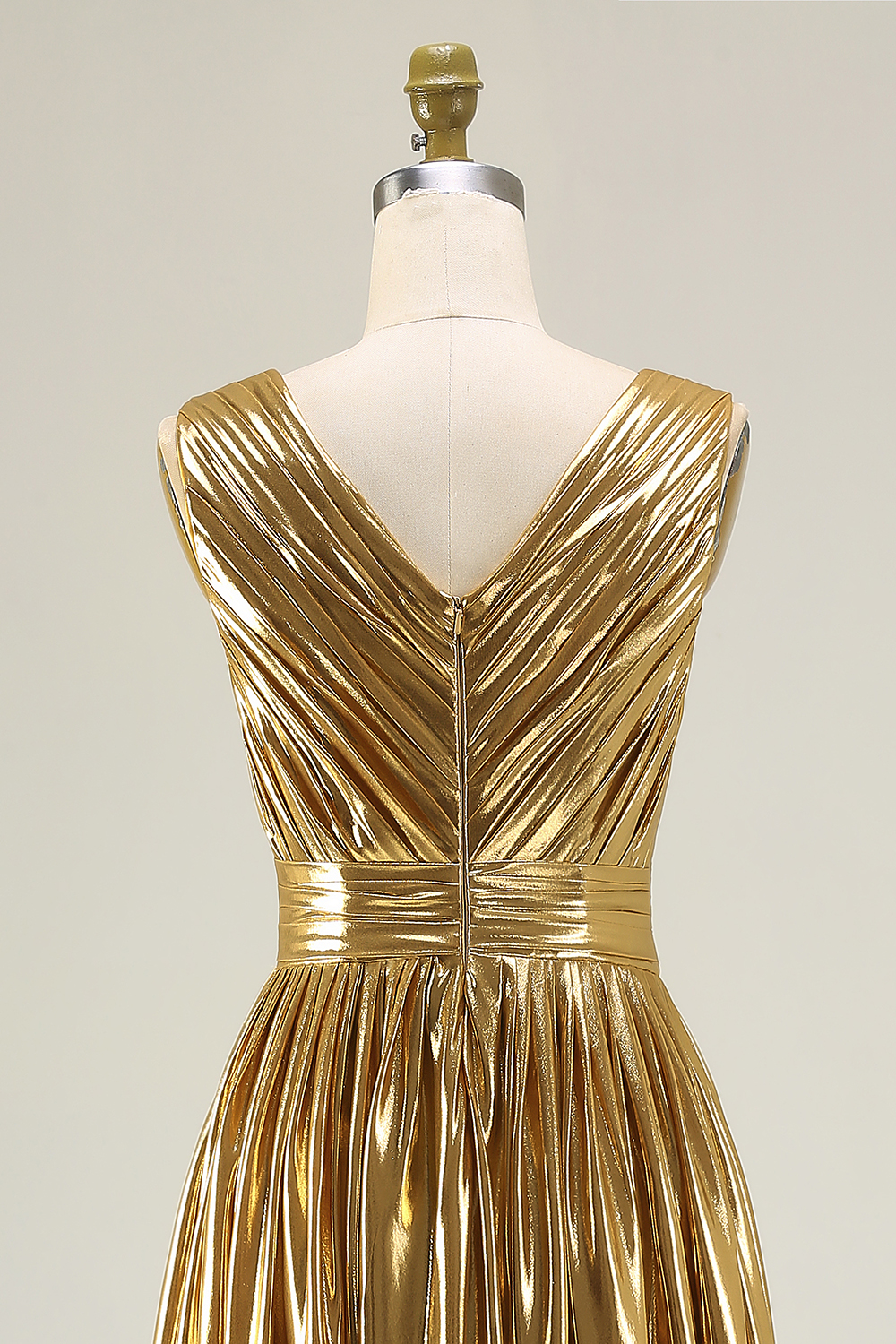 Metallic Gold Ruched V-Neck A-Line Long Formal Dress with Slit